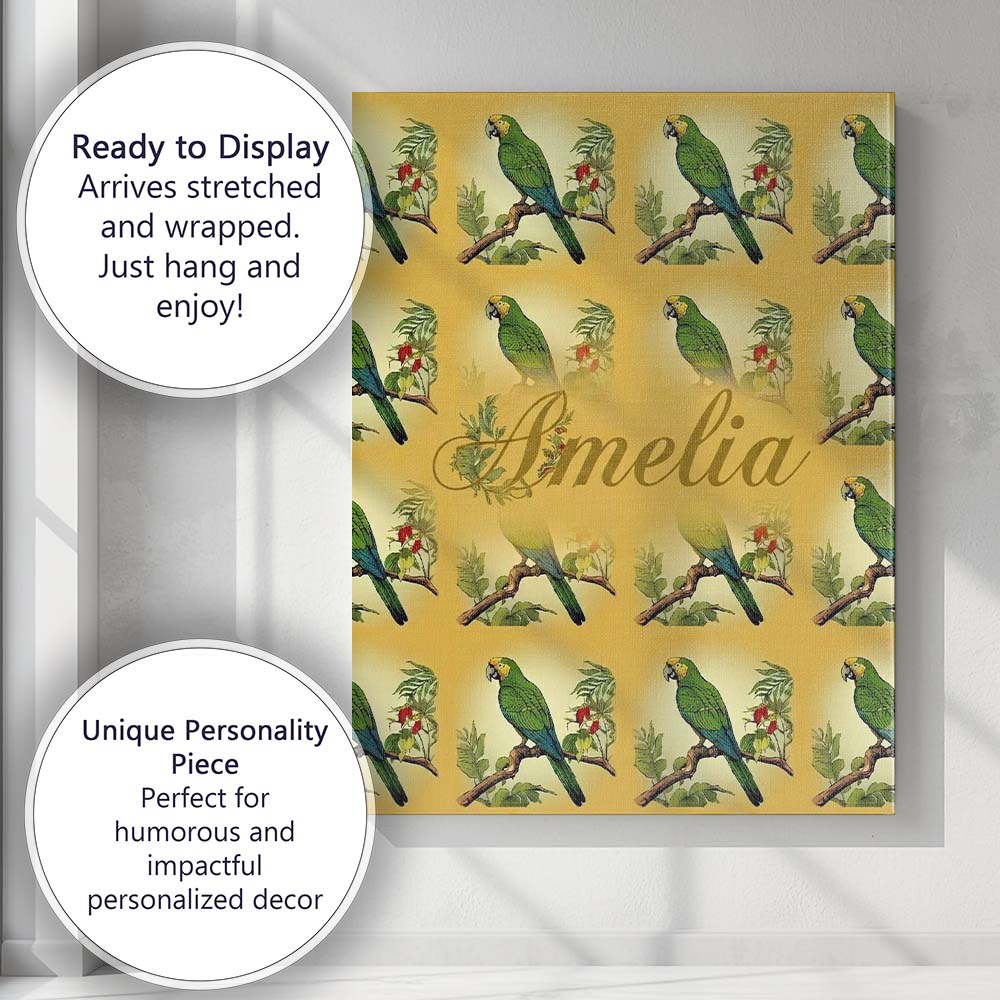 Personalised Name Tropical Green Parrot Custom Modern Room Accent Elegant Feature Canvas Wall Art Print Decor Picture Ready to Hang