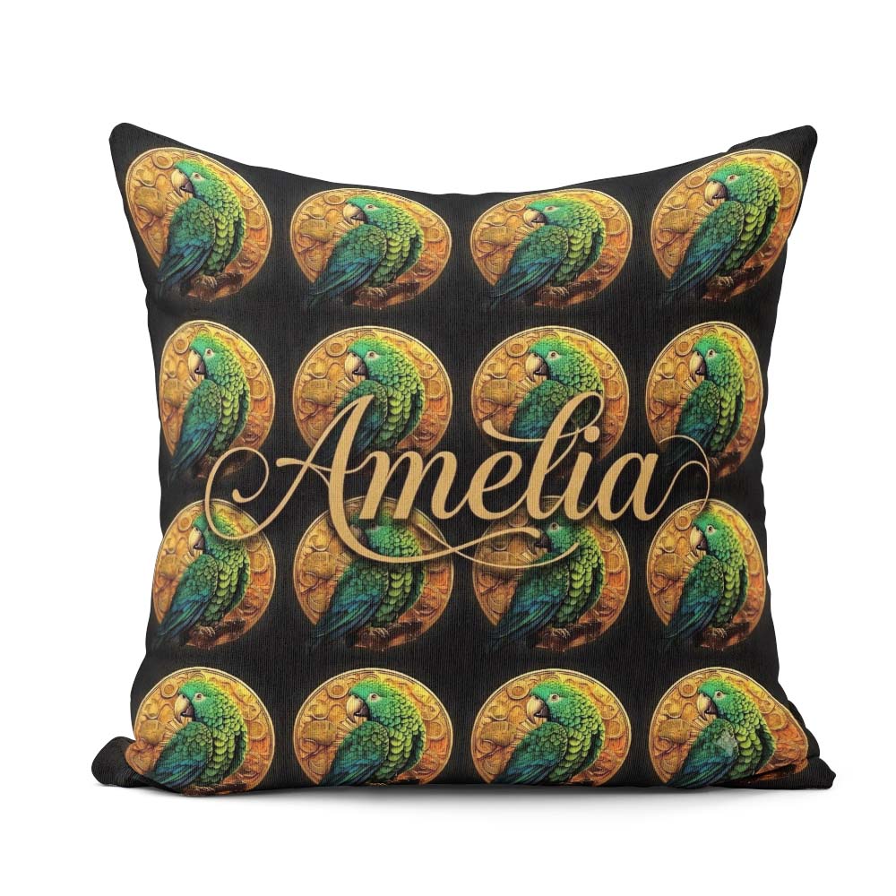 Custom Name Luxury Parrot Gold Medallion Dark Background Pattern Square Filled Cushion Throw Pillow Sofa Bed Home Decor Zip Washable UK Made