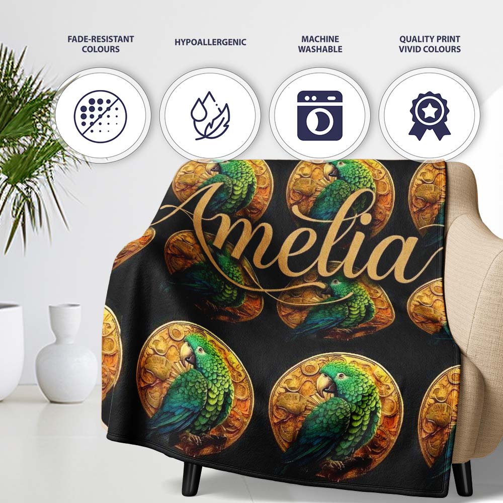 Luxury Parrot Gold Medallion Dark Background Seamless Pattern Name Personalised Custom Name Super Soft Fleece Blanket Bed Sofa Throw