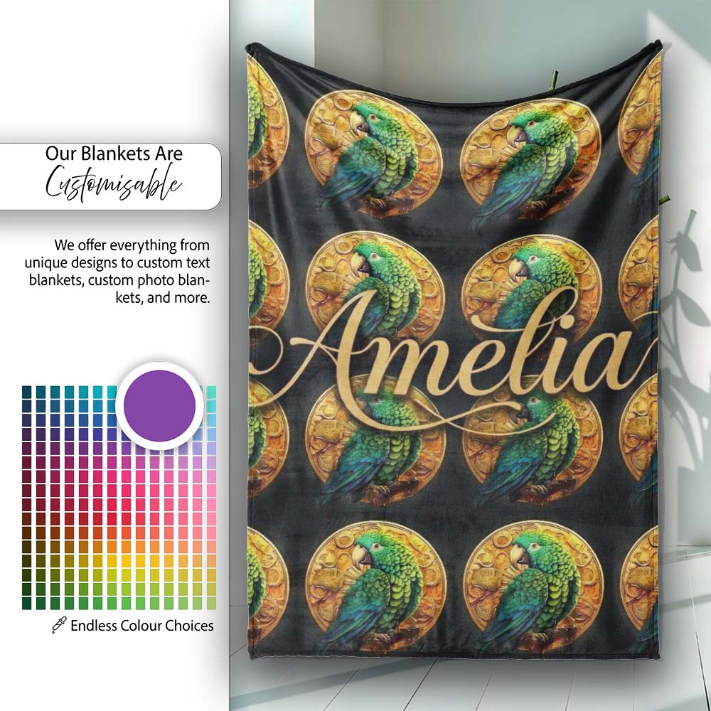 Luxury Parrot Gold Medallion Dark Background Seamless Pattern Name Personalised Custom Name Super Soft Fleece Blanket Bed Sofa Throw