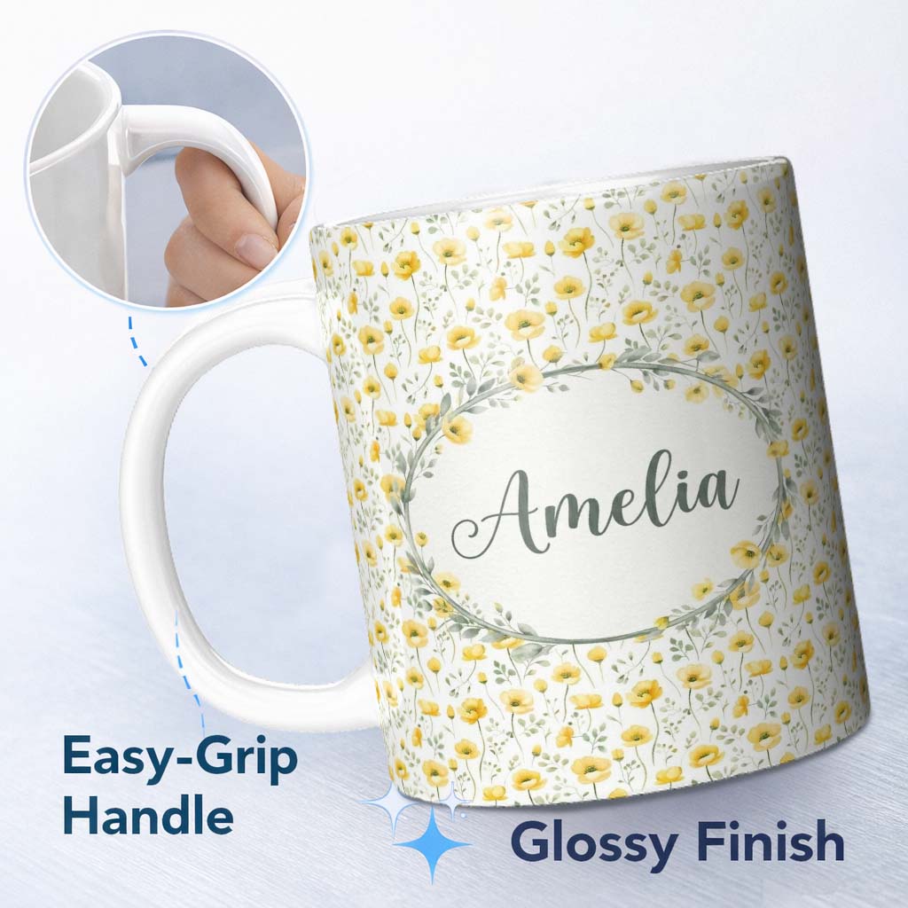 Personalized Custom Name Soft Yellow Floral Wildflower Meadow Seamless Pattern Name Cute 11oz Ceramic Coffee Tea Mug White Large Handle