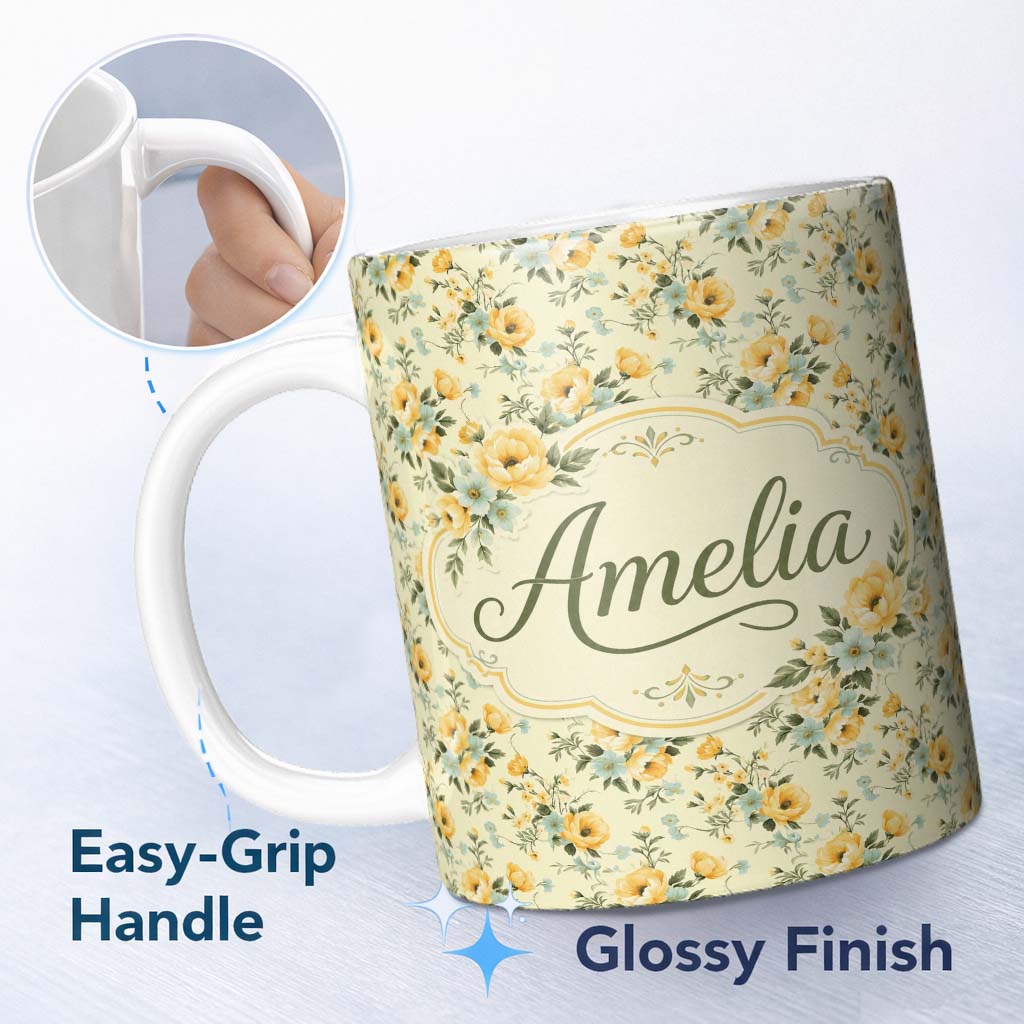 Personalized Custom Name Vintage Yellow Blue Floral Bouquet Seamless Pattern Name Cute 11oz Ceramic Coffee Tea Mug White Large Handle