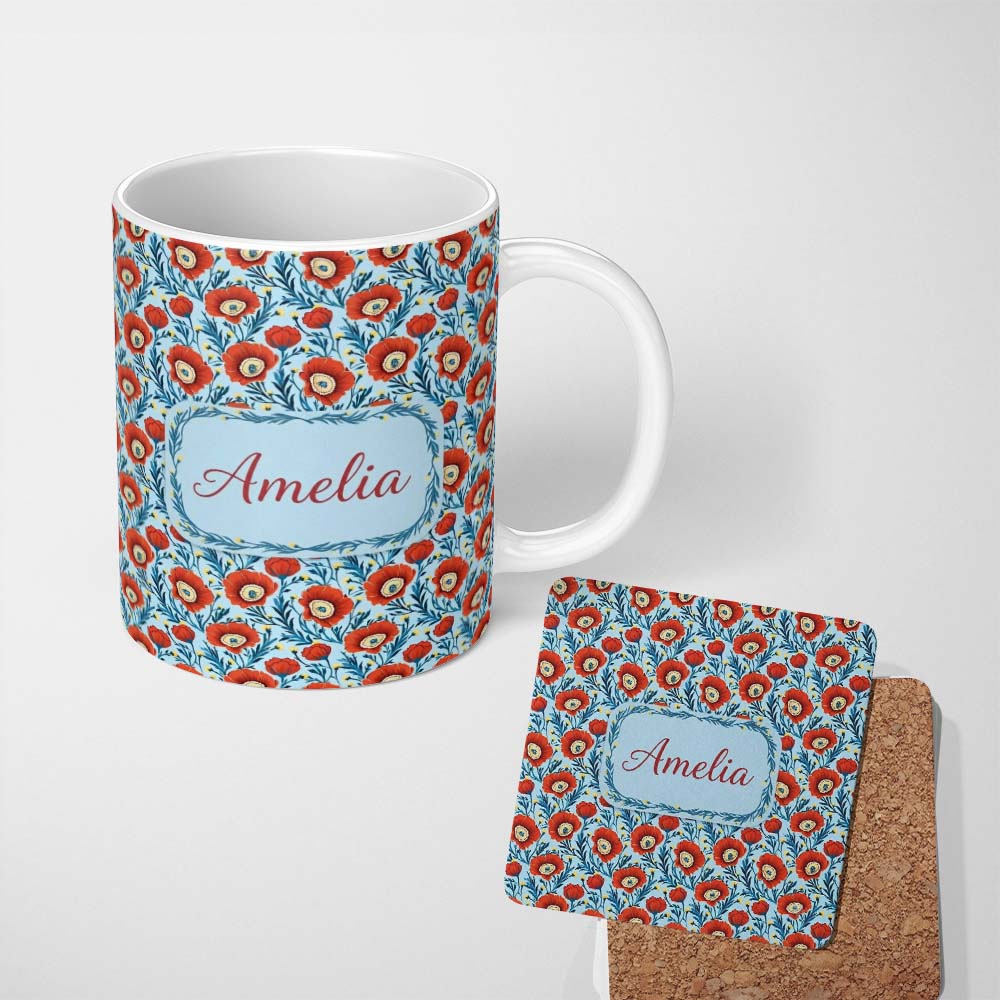 Personalized Custom Name Red Poppy Flowers Botanical Garden Seamless Pattern Name Cute 11oz Ceramic Coffee Tea Mug White Large Handle