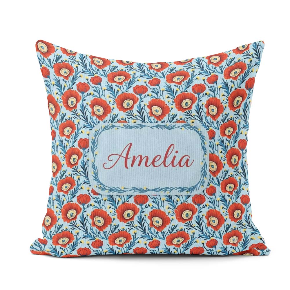 Custom Name Red Poppy Flowers Botanical Garden Pattern Name Cute Square Filled Cushion Throw Pillow Sofa Bed Home Decor Zip Washable UK Made