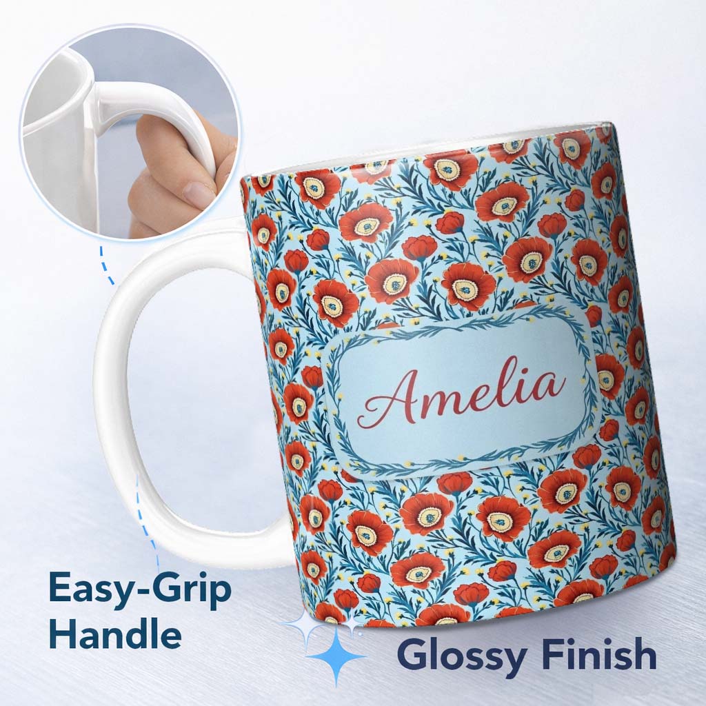 Personalized Custom Name Red Poppy Flowers Botanical Garden Seamless Pattern Name Cute 11oz Ceramic Coffee Tea Mug White Large Handle