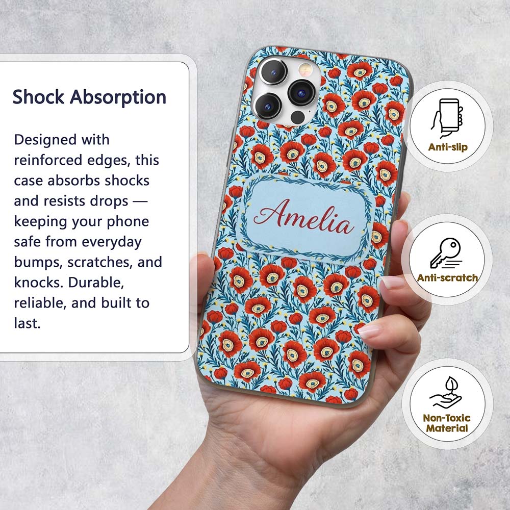 Red Poppy Flowers Botanical Garden Printed Design Custom Name Protective Phone Case Mobile Cover Durable Everyday Smartphone Shock Resistant