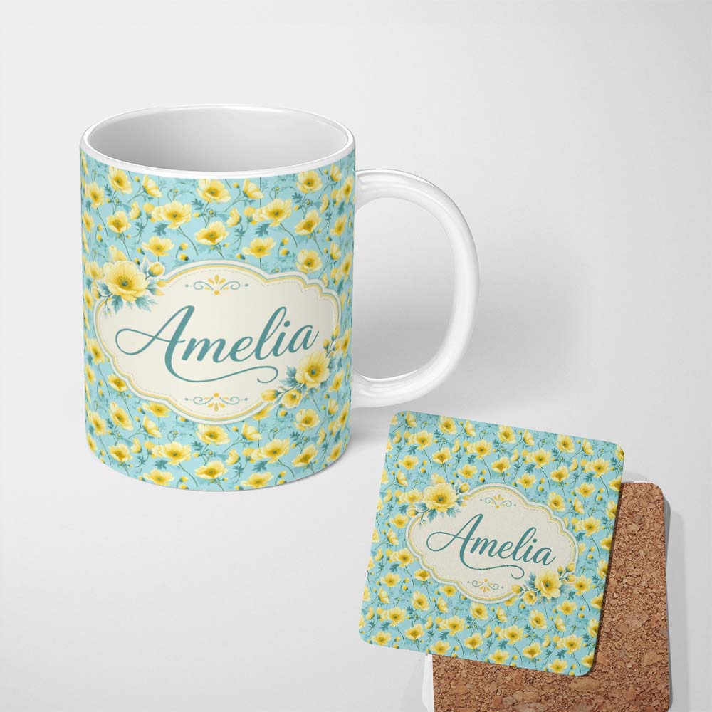 Personalized Custom Name Delicate Yellow Flowers Blue Background Seamless Pattern Name Cute 11oz Ceramic Coffee Tea Mug White Large Handle