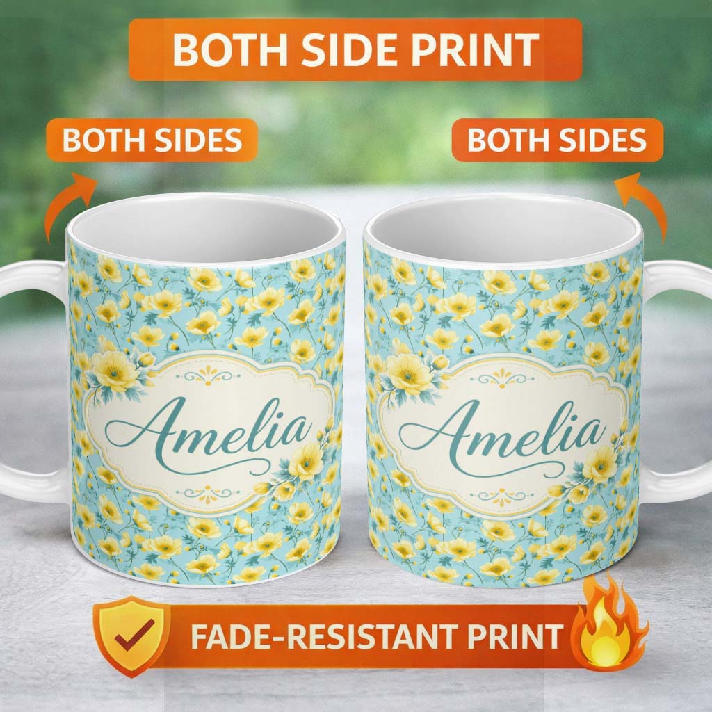 Personalized Custom Name Delicate Yellow Flowers Blue Background Seamless Pattern Name Cute 11oz Ceramic Coffee Tea Mug White Large Handle
