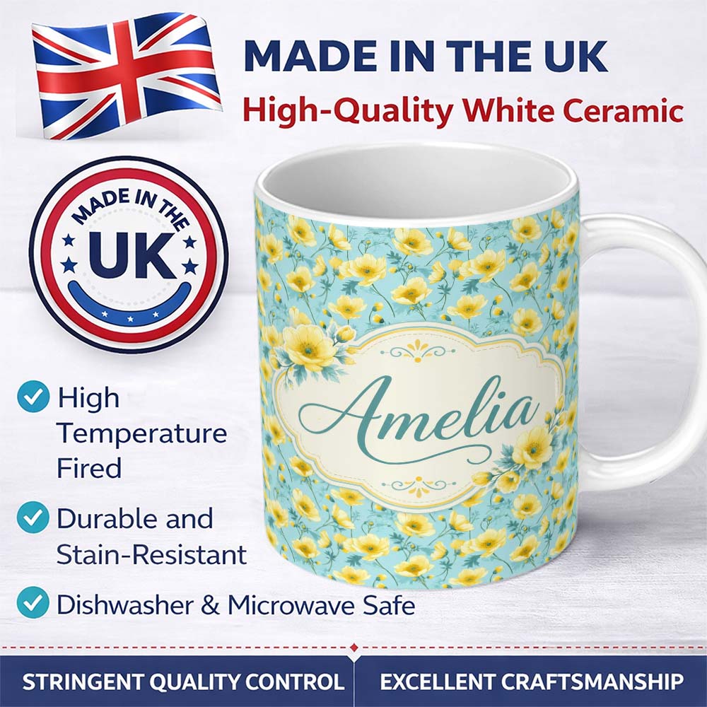 Personalized Custom Name Delicate Yellow Flowers Blue Background Seamless Pattern Name Cute 11oz Ceramic Coffee Tea Mug White Large Handle