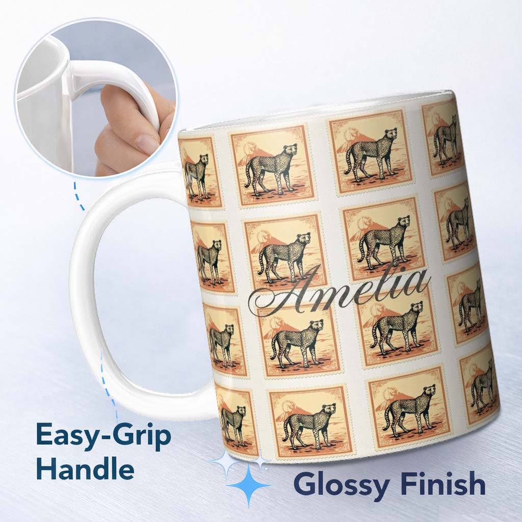 Personalized Custom Name Vintage Cheetah Postage Stamp Style Safari Animal Seamless Pattern 11oz Ceramic Coffee Tea Mug White Large Handle