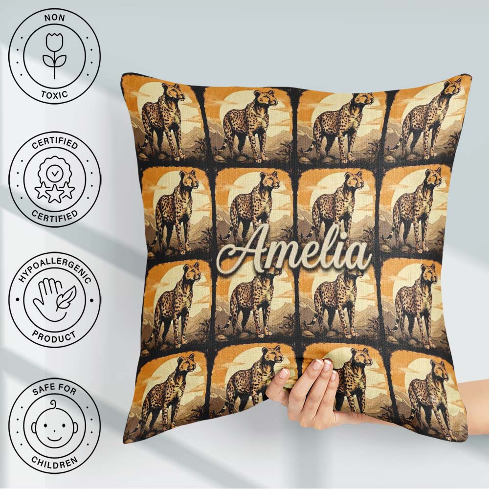 Custom Name Golden Cheetah Wildlife Landscape Seamless Pattern Square Filled Cushion Throw Pillow Sofa Bed Home Decor Zip Washable UK Made
