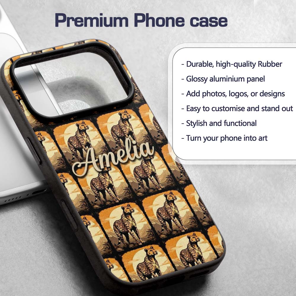 Golden Sunset Cheetah Wildlife Landscape Seamless Custom Name Protective Phone Case Mobile Cover Durable Everyday Smartphone Shock Resistant