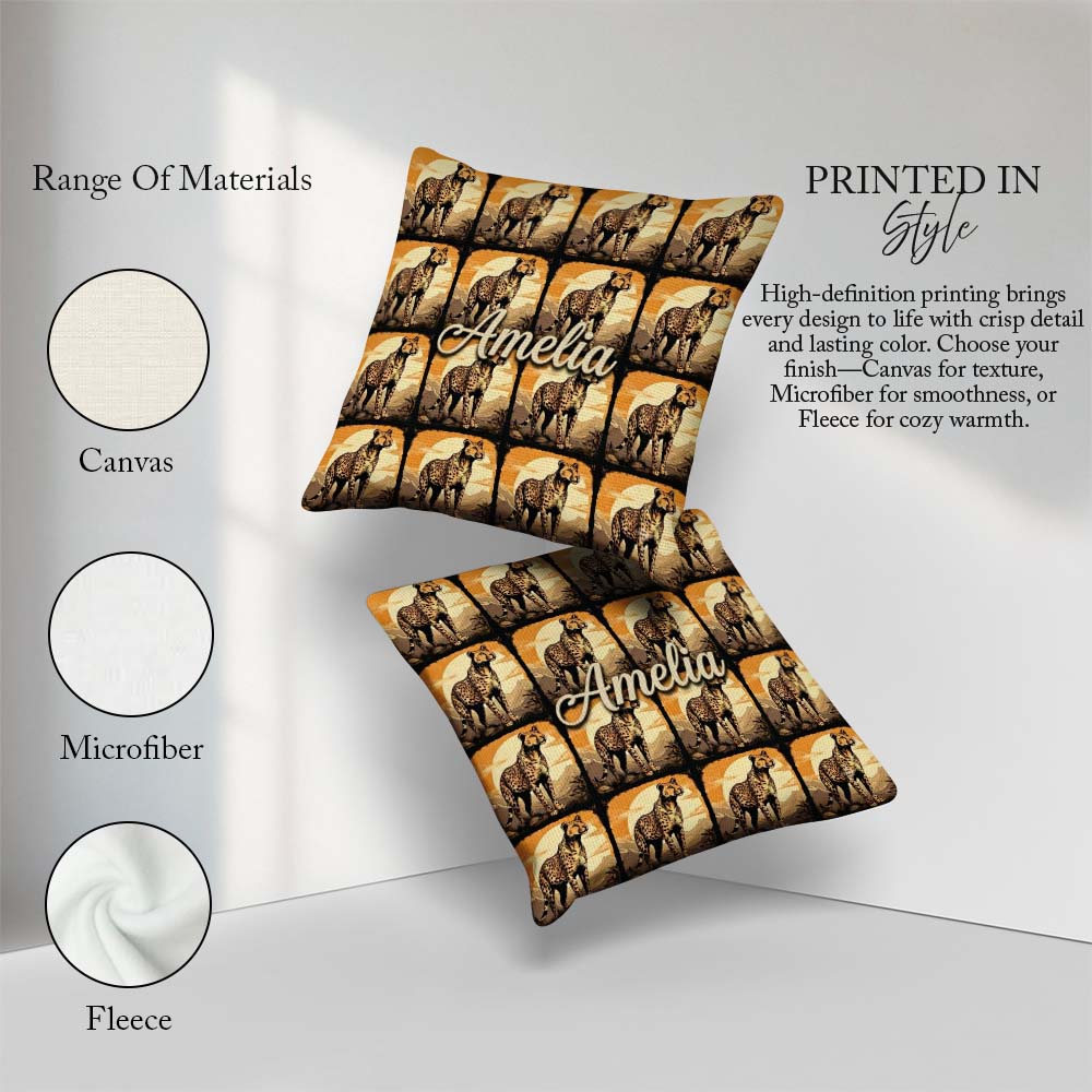 Custom Name Golden Cheetah Wildlife Landscape Seamless Pattern Square Filled Cushion Throw Pillow Sofa Bed Home Decor Zip Washable UK Made