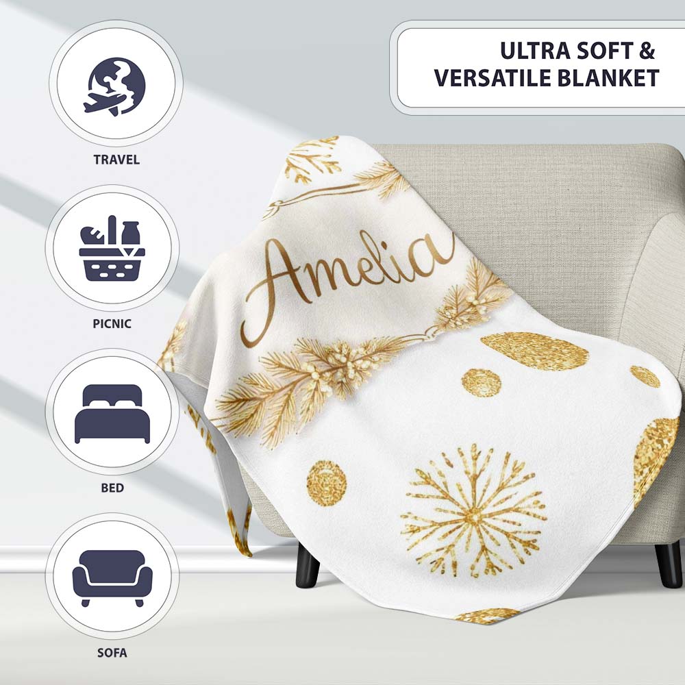 Gold Snowflakes and Glitter Dots Seamless Pattern Cute Unique Gift Personalised Custom Name Super Soft Fleece Blanket Bed Sofa Throw
