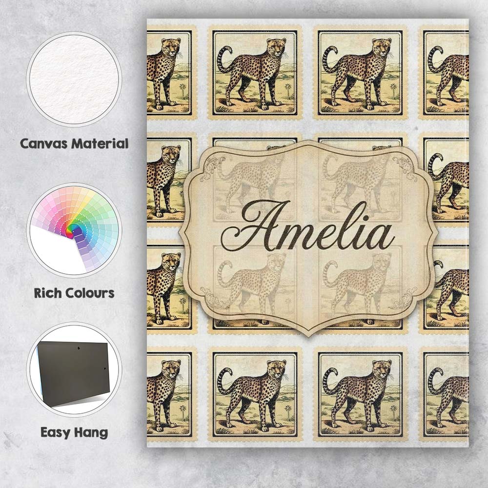 Personalised Name Cheetah Stamp Illustration Custom Bespoke Contemporary Display Canvas Wall Art Print Decor Picture Ready to Hang