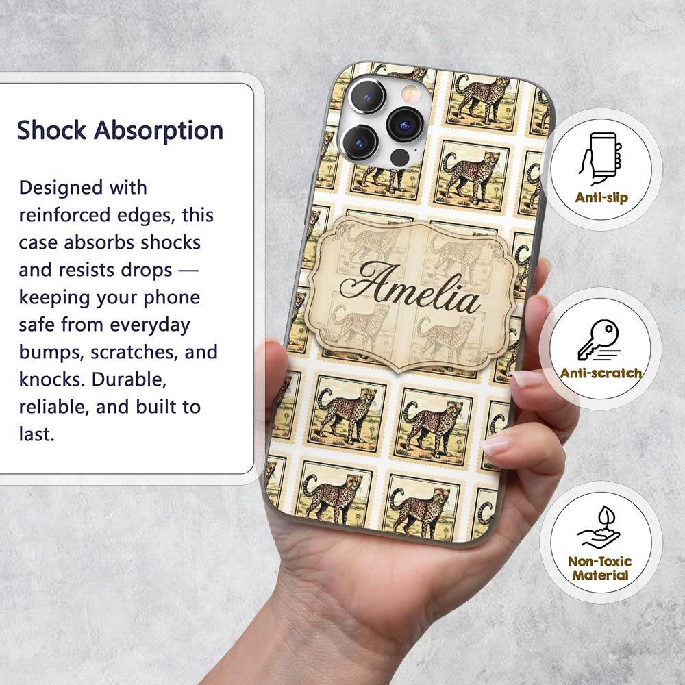 Cheetah Stamp Illustration Desert Scene Seamless Custom Name Protective Phone Case Mobile Cover Durable Everyday Smartphone Shock Resistant