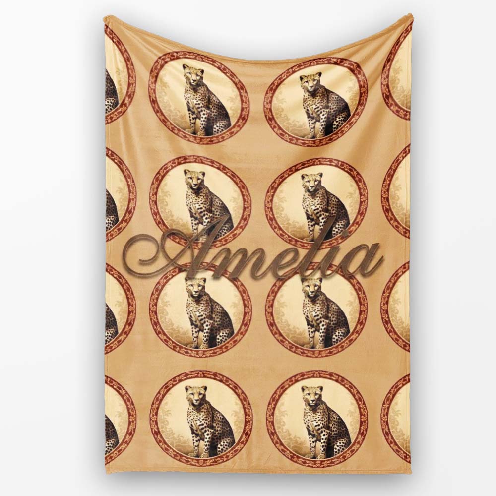 Elegant Cheetah Portrait Circular Frame Seamless Pattern Name Cute Personalised Custom Name Super Soft Fleece Blanket Bed Sofa Throw