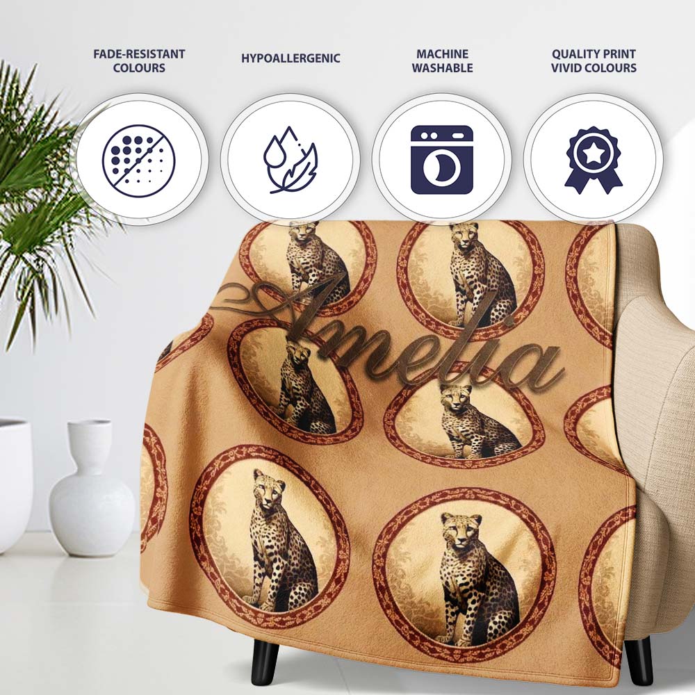 Elegant Cheetah Portrait Circular Frame Seamless Pattern Name Cute Personalised Custom Name Super Soft Fleece Blanket Bed Sofa Throw