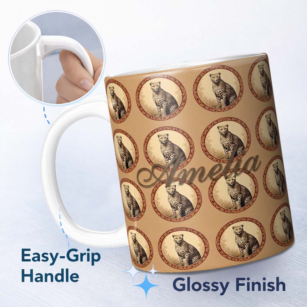 Personalized Custom Name Elegant Cheetah Portrait Circular Frame Seamless Pattern Name Cute 11oz Ceramic Coffee Tea Mug White Large Handle