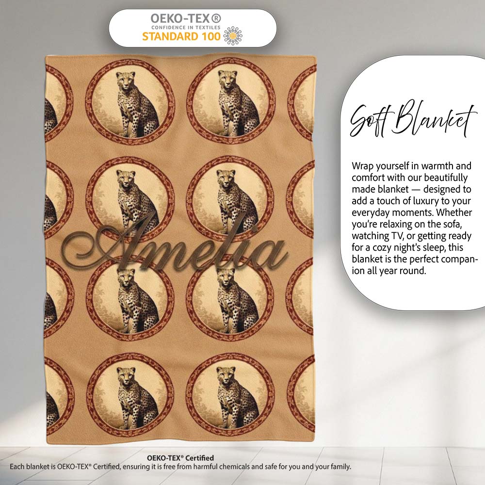 Elegant Cheetah Portrait Circular Frame Seamless Pattern Name Cute Personalised Custom Name Super Soft Fleece Blanket Bed Sofa Throw