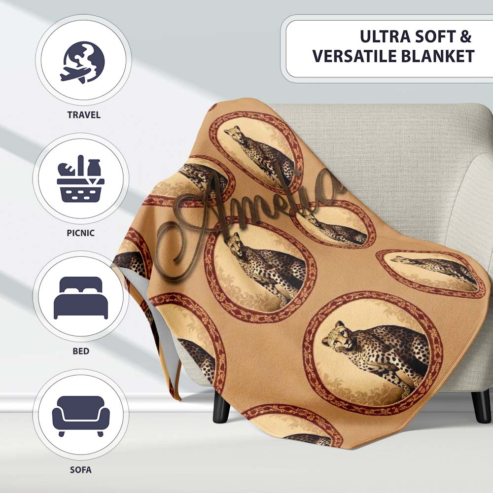 Elegant Cheetah Portrait Circular Frame Seamless Pattern Name Cute Personalised Custom Name Super Soft Fleece Blanket Bed Sofa Throw