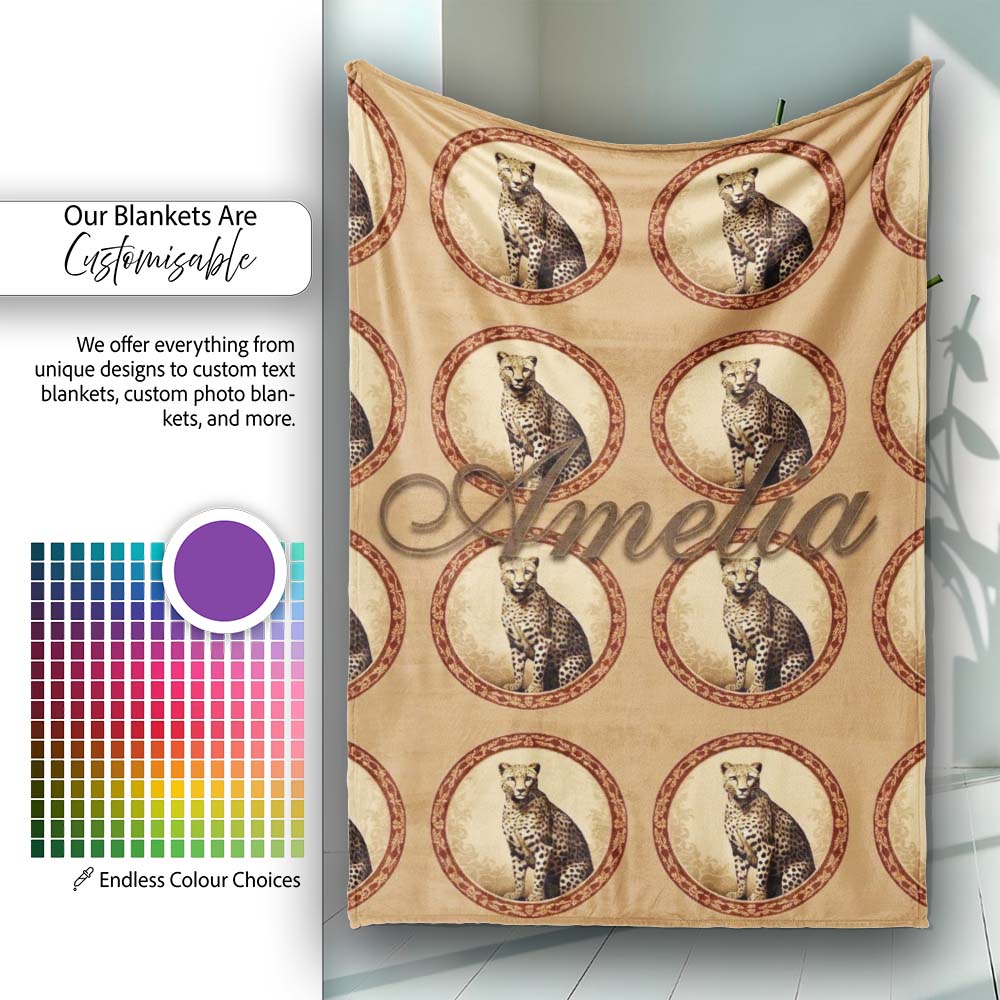 Elegant Cheetah Portrait Circular Frame Seamless Pattern Name Cute Personalised Custom Name Super Soft Fleece Blanket Bed Sofa Throw