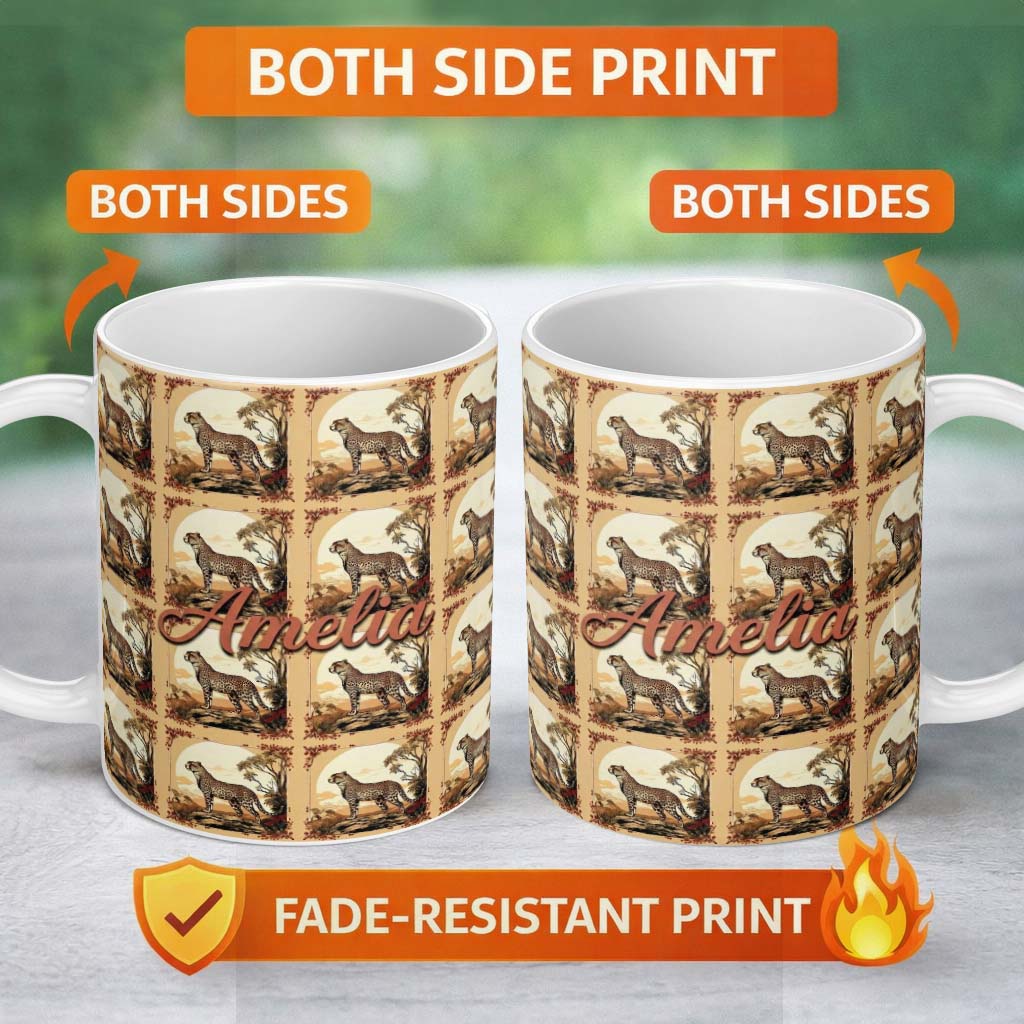 Personalized Custom Name Artistic Cheetah Nature Scene Arch Frame Seamless Pattern Custom 11oz Ceramic Coffee Tea Mug White Large Handle