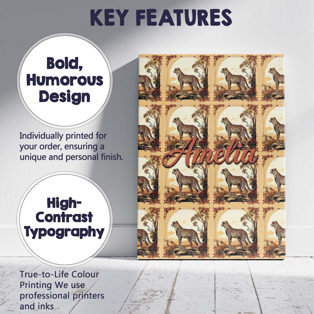 Personalised Name Artistic Cheetah Nature Custom Unique Gift Idea Elegant Feature Canvas Wall Art Print Decor Picture Ready to Hang