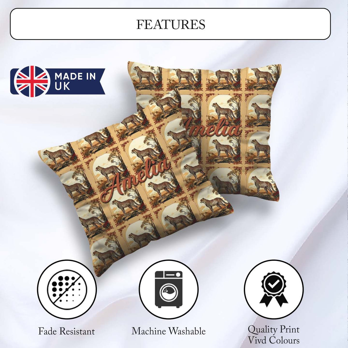 Custom Name Artistic Cheetah Nature Scene Frame Seamless Pattern Square Filled Cushion Throw Pillow Sofa Bed Home Decor Zip Washable UK Made