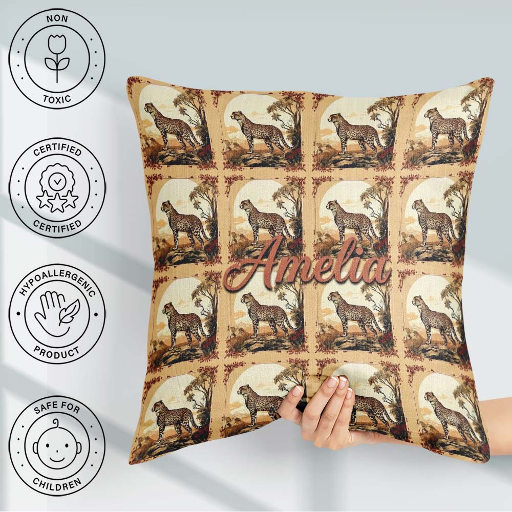 Custom Name Artistic Cheetah Nature Scene Frame Seamless Pattern Square Filled Cushion Throw Pillow Sofa Bed Home Decor Zip Washable UK Made