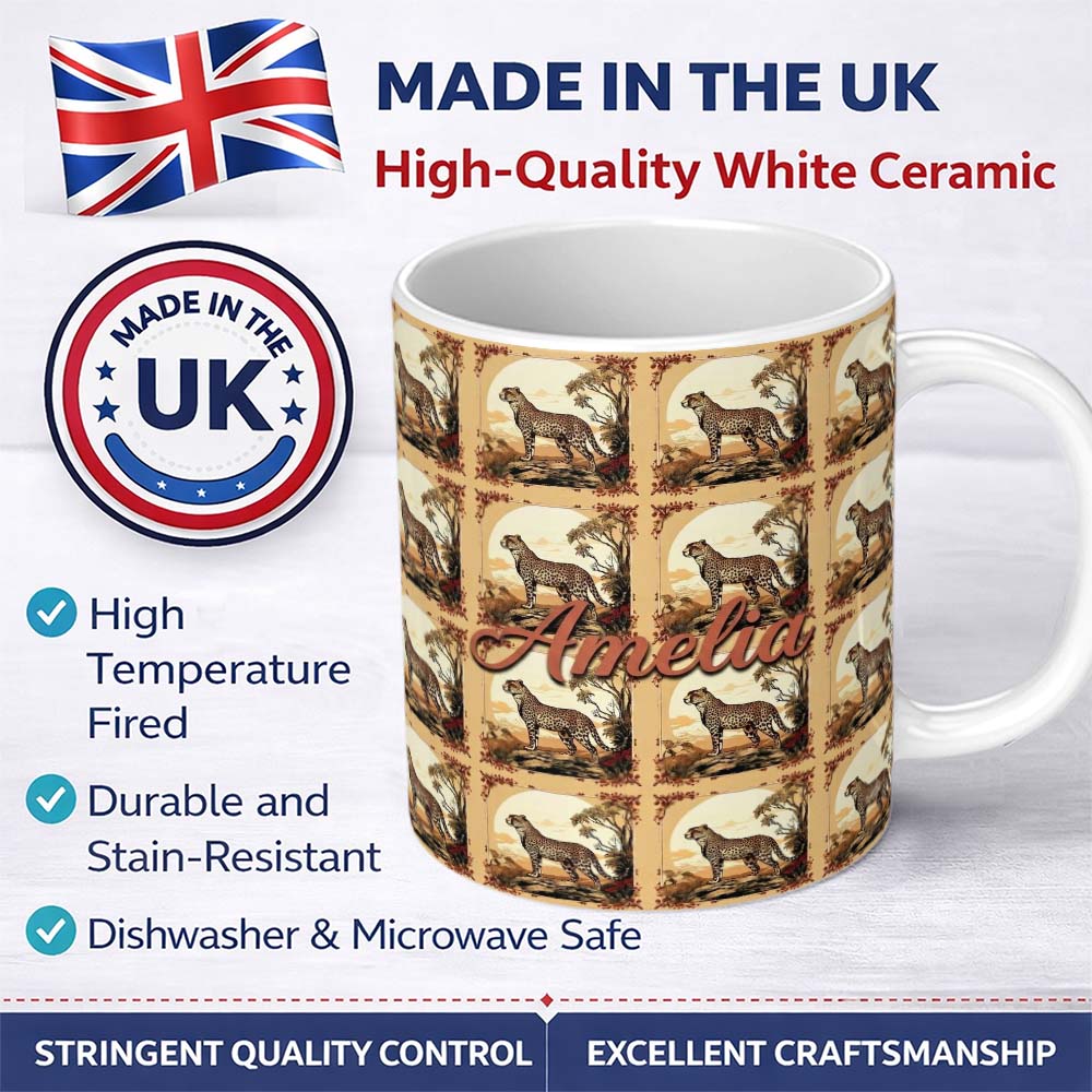 Personalized Custom Name Artistic Cheetah Nature Scene Arch Frame Seamless Pattern Custom 11oz Ceramic Coffee Tea Mug White Large Handle