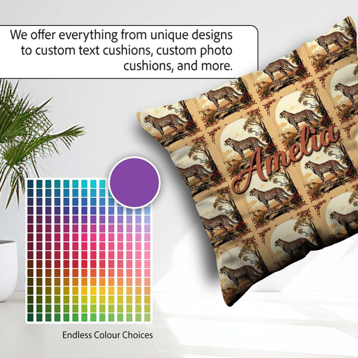 Custom Name Artistic Cheetah Nature Scene Frame Seamless Pattern Square Filled Cushion Throw Pillow Sofa Bed Home Decor Zip Washable UK Made