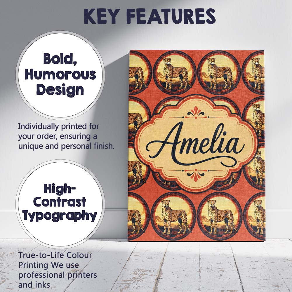 Personalised Name Decorative Cheetah Round Custom Unique Gift Idea Elegant Feature Canvas Wall Art Print Decor Picture Ready to Hang