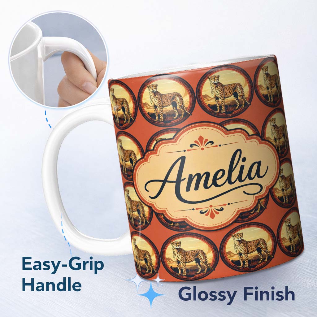 Personalized Custom Name Decorative Cheetah Round Frame Landscape Seamless Pattern Custom 11oz Ceramic Coffee Tea Mug White Large Handle