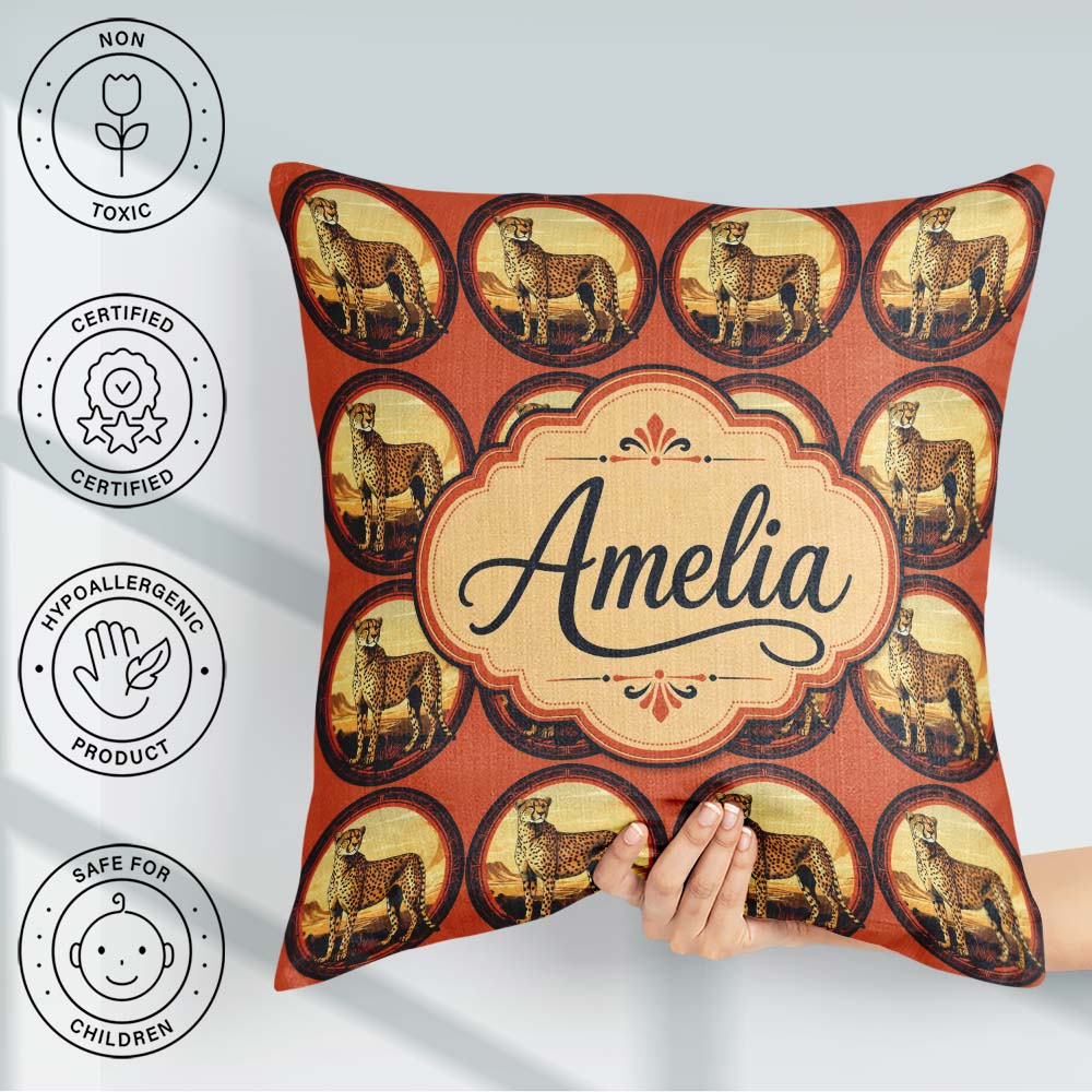 Custom Name Decorative Cheetah Landscape Seamless Pattern Custom Square Filled Cushion Throw Pillow Sofa Bed Home Decor Zip Washable UK Made