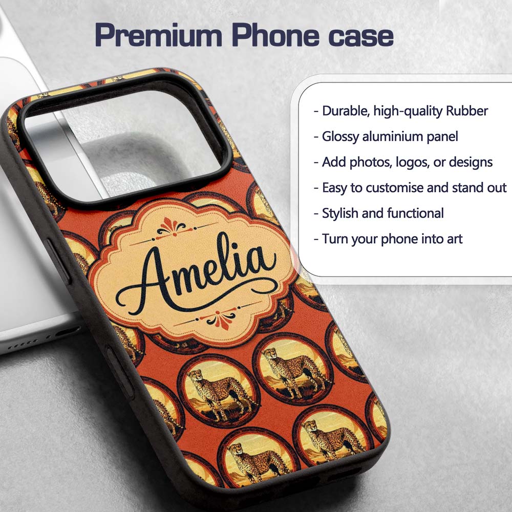 Decorative Cheetah Round Frame Landscape Seamless Custom Name Protective Phone Case Mobile Cover Durable Everyday Smartphone Shock Resistant