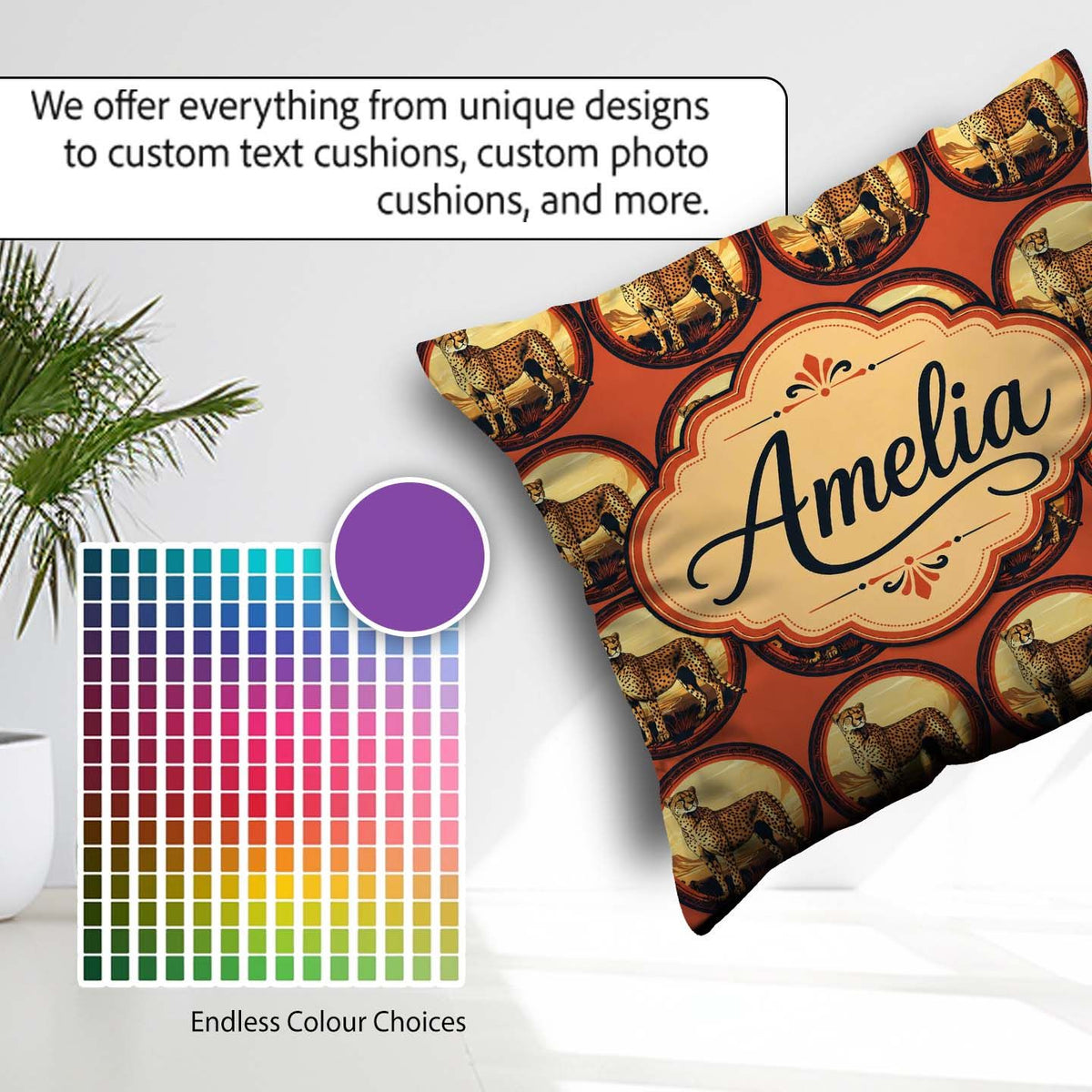 Custom Name Decorative Cheetah Landscape Seamless Pattern Custom Square Filled Cushion Throw Pillow Sofa Bed Home Decor Zip Washable UK Made