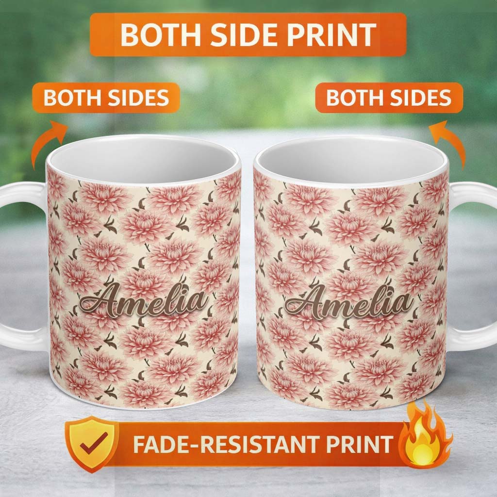 Personalized Custom Name Soft Pink Dahlia Floral Seamless Pattern Elegant Blossom Design 11oz Ceramic Coffee Tea Mug White Large Handle