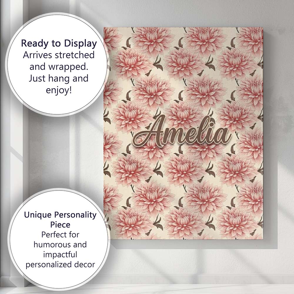 Personalised Name Soft Pink Dahlia Floral Custom Unique Gift Idea Elegant Feature Canvas Wall Art Print Decor Picture Ready to Hang