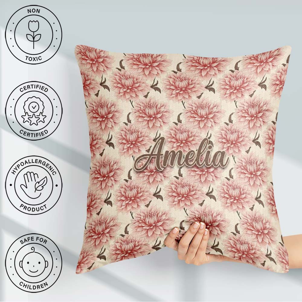 Custom Name Soft Dahlia Floral Seamless Pattern Elegant Blossom Square Filled Cushion Throw Pillow Sofa Bed Home Decor Zip Washable UK Made