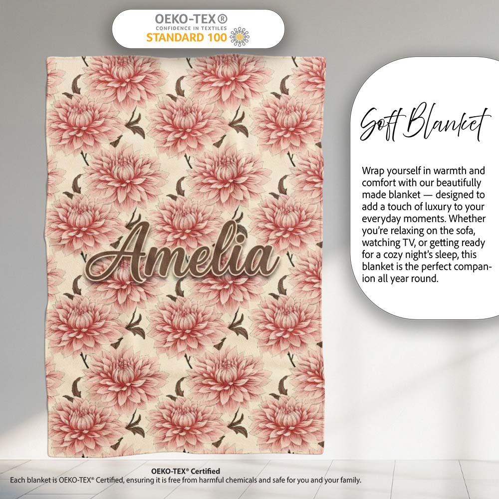 Soft Pink Dahlia Floral Seamless Pattern Elegant Blossom Design Personalised Custom Name Super Soft Fleece Blanket Bed Sofa Throw