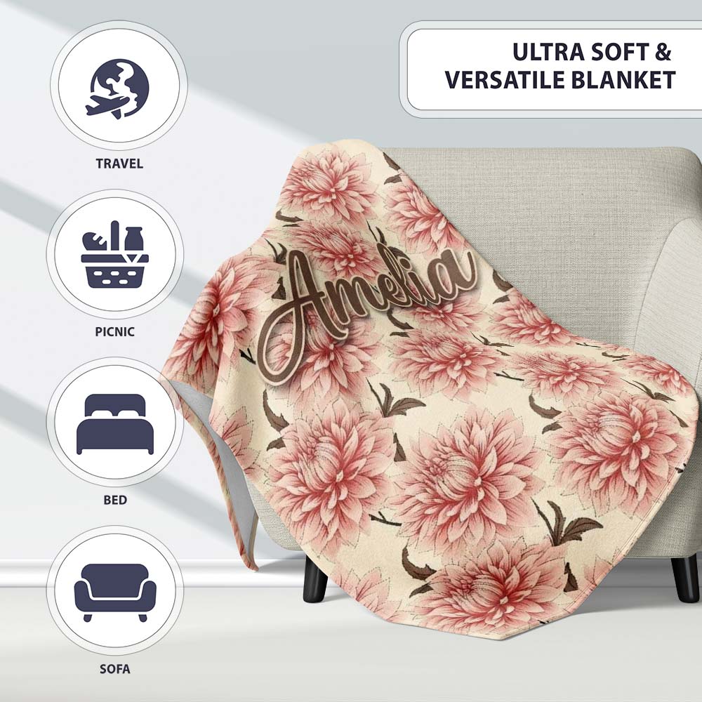 Soft Pink Dahlia Floral Seamless Pattern Elegant Blossom Design Personalised Custom Name Super Soft Fleece Blanket Bed Sofa Throw
