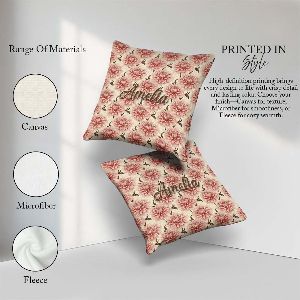 Custom Name Soft Dahlia Floral Seamless Pattern Elegant Blossom Square Filled Cushion Throw Pillow Sofa Bed Home Decor Zip Washable UK Made