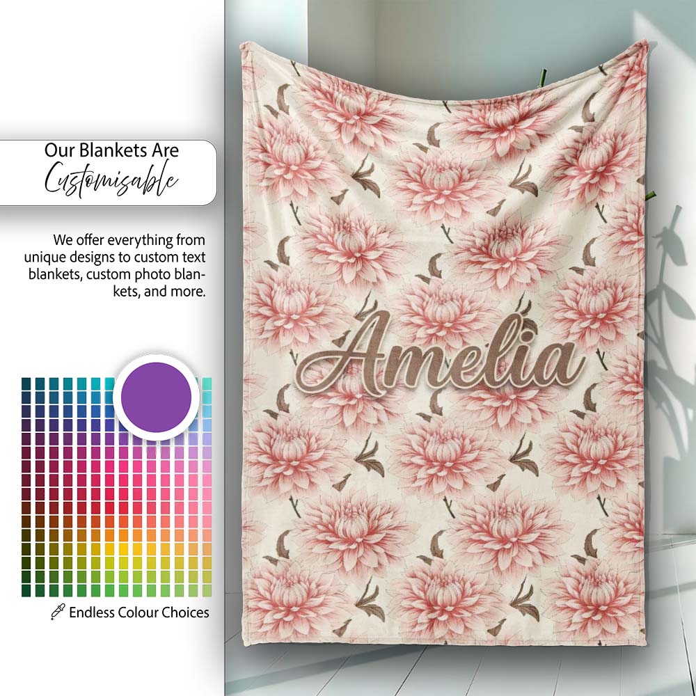 Soft Pink Dahlia Floral Seamless Pattern Elegant Blossom Design Personalised Custom Name Super Soft Fleece Blanket Bed Sofa Throw