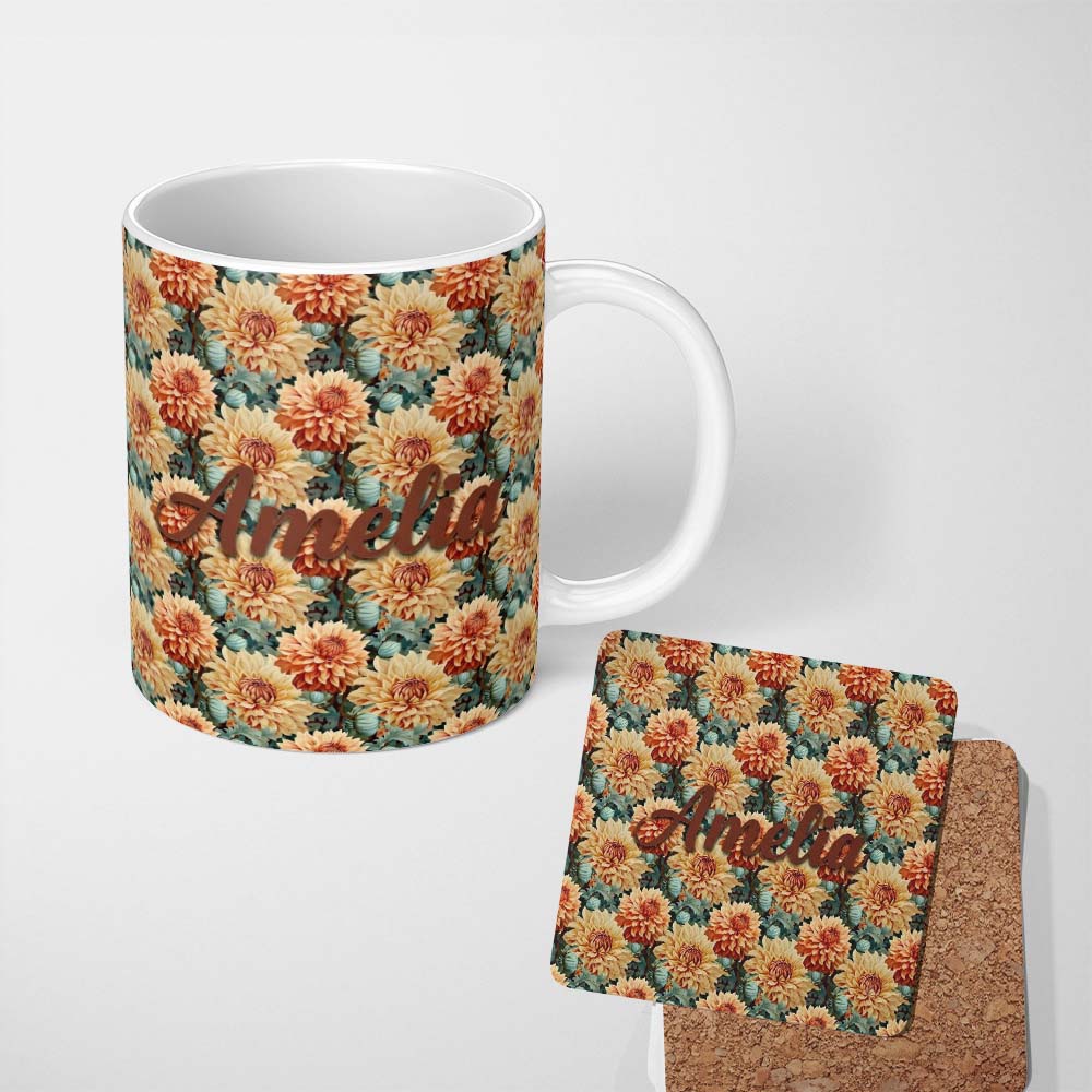 Personalized Custom Name Warm Autumn Dahlia Flowers Vintage Botanical Seamless Pattern Name 11oz Ceramic Coffee Tea Mug White Large Handle
