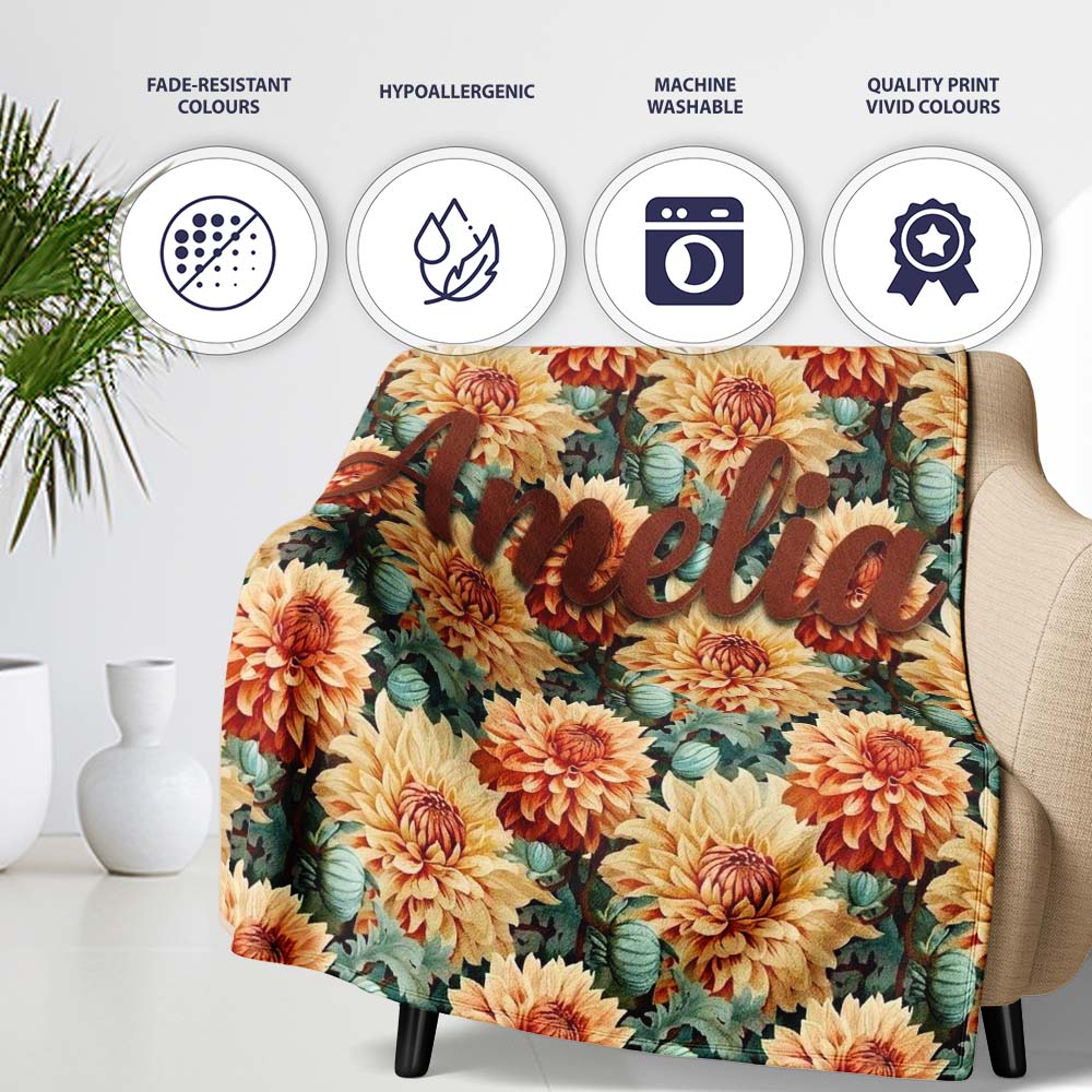 Warm Autumn Dahlia Flowers Vintage Botanical Seamless Pattern Name Personalised Custom Name Super Soft Fleece Blanket Bed Sofa Throw