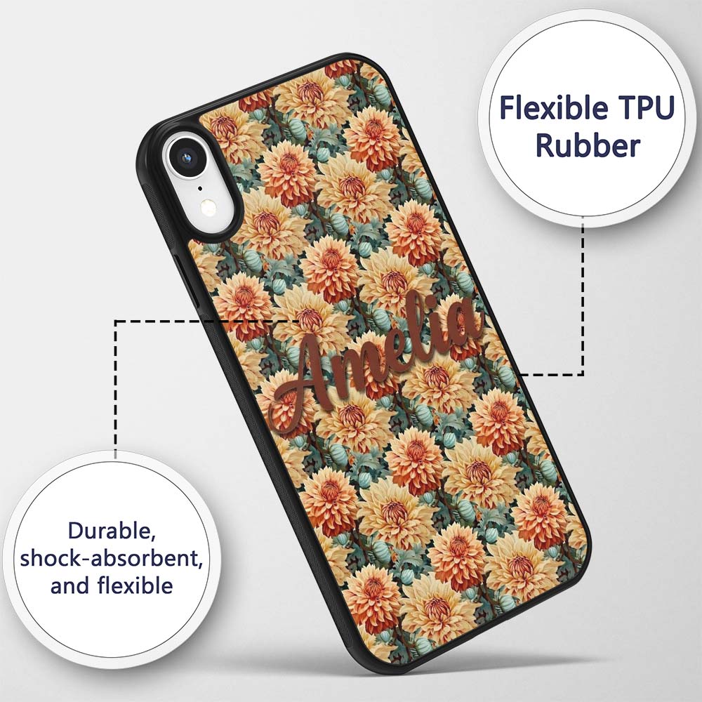 Warm Autumn Dahlia Flowers Vintage Botanical Custom Name Protective Phone Case Mobile Cover Durable Everyday Smartphone Shock Resistant