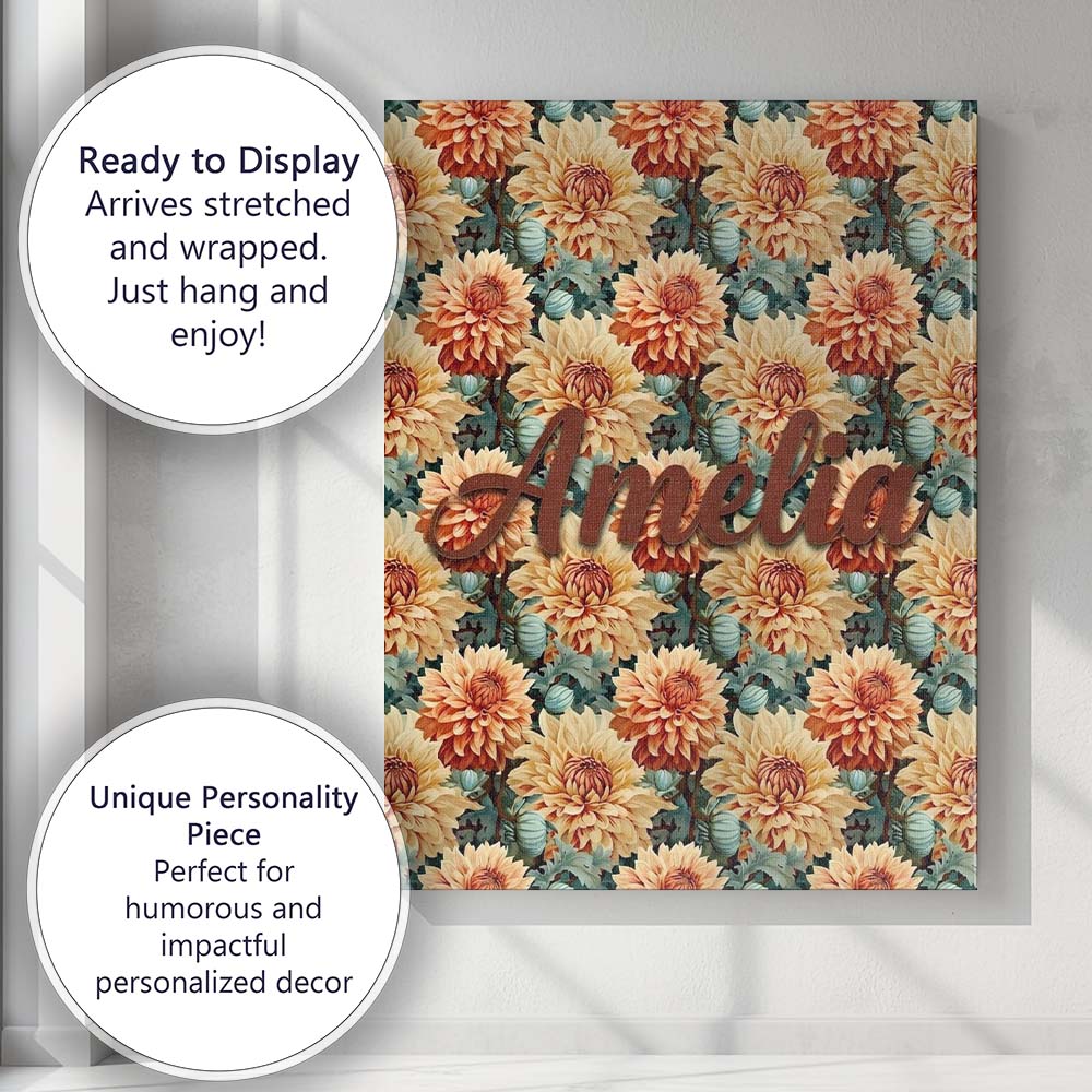 Personalised Name Warm Autumn Dahlia Custom Premium Decorative Design Modern Room Accent Canvas Wall Art Print Decor Picture Ready to Hang