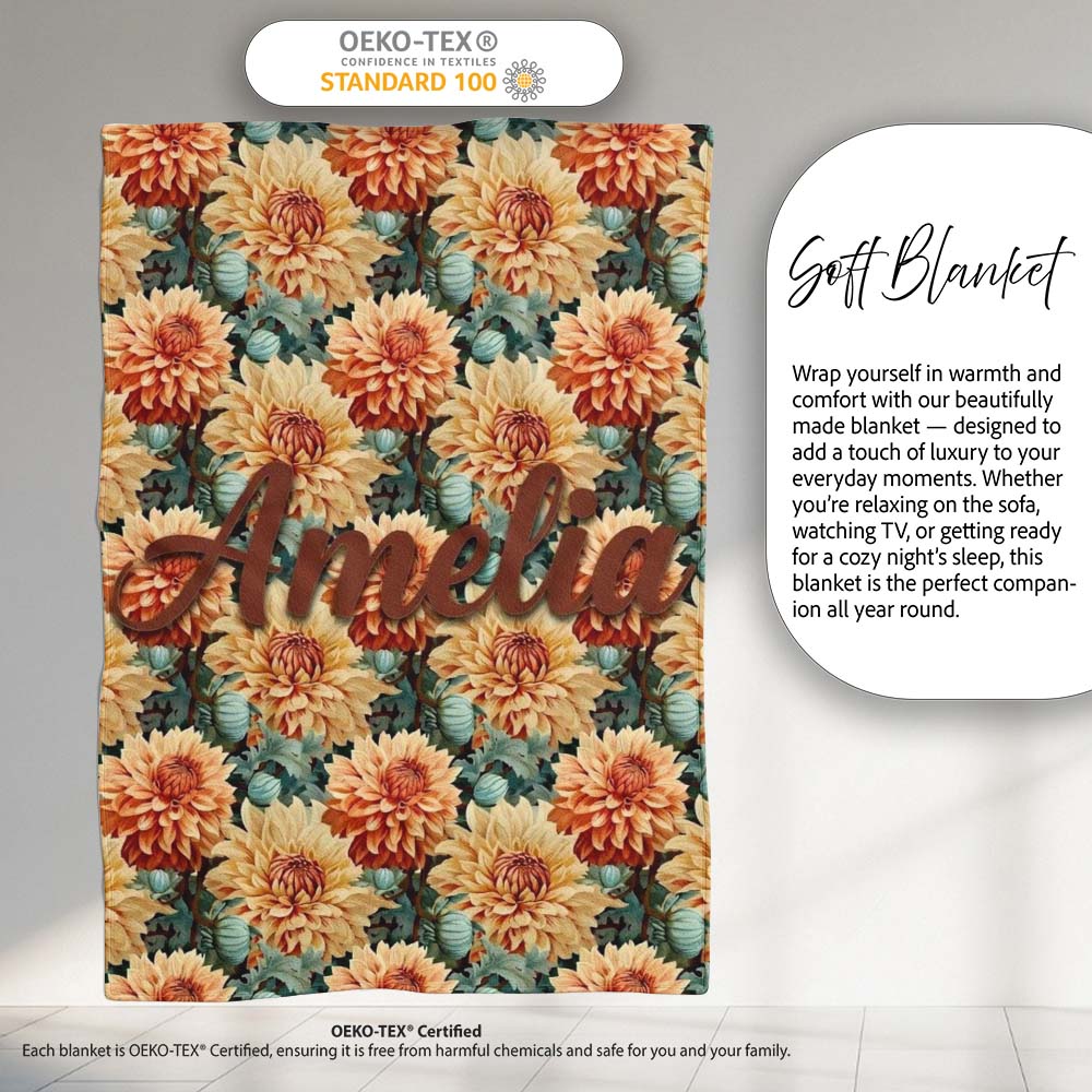 Warm Autumn Dahlia Flowers Vintage Botanical Seamless Pattern Name Personalised Custom Name Super Soft Fleece Blanket Bed Sofa Throw