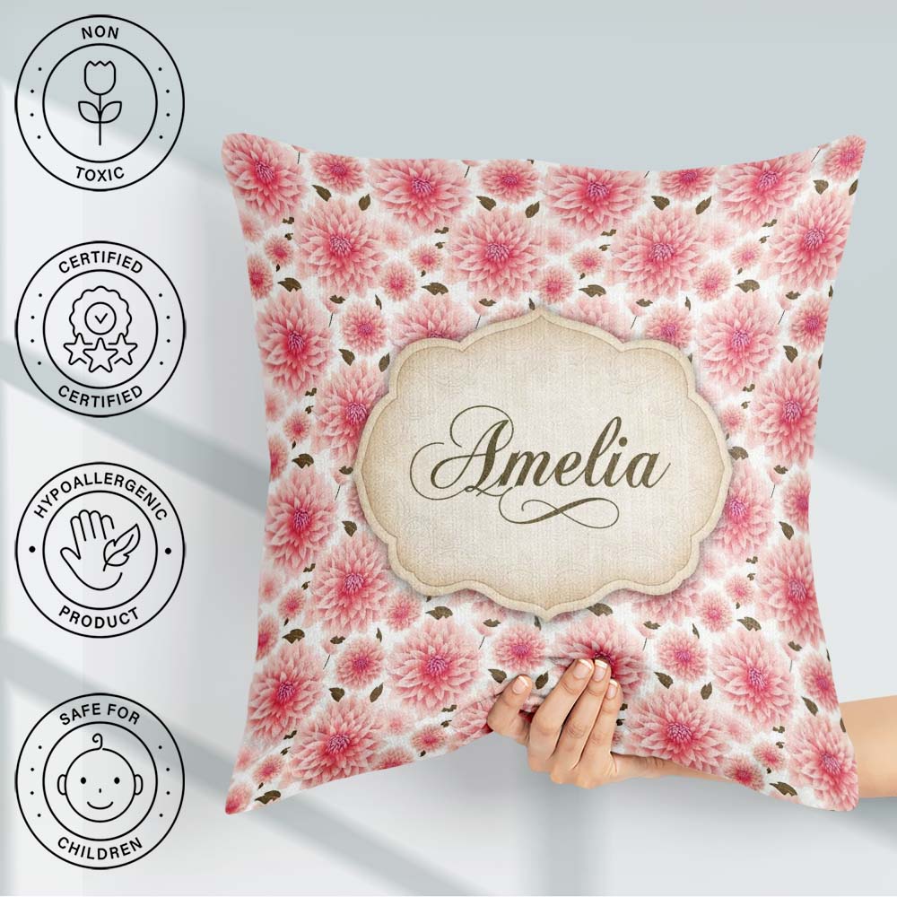 Custom Name Light Pink Dahlia Bloom Soft Pastel Seamless Pattern Square Filled Cushion Throw Pillow Sofa Bed Home Decor Zip Washable UK Made